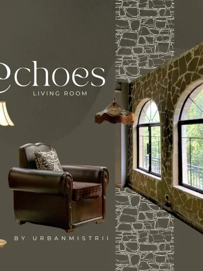 This graphic captures the essence of Echoes Living Room, a space designed as an alternative to noisy bars. It highlights the key elements of our design: rubble walls, vintage lighting, and comfortable, luxurious seating.
