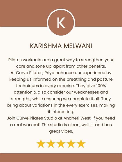 Karishma's review highlights our focus on breathing, posture techniques, and bringing variations to every exercise. Thank you for the kind words.