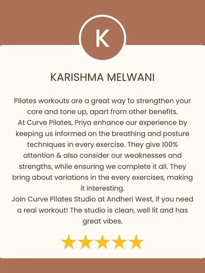 Karishma's review highlights our focus on breathing, posture techniques, and bringing variations to every exercise. Thank you for the kind words.