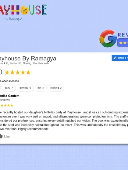 "This was undoubtedly the best birthday party we have ever had." A fantastic 5-star review praising the well-arranged event, helpful staff, and clean pool.