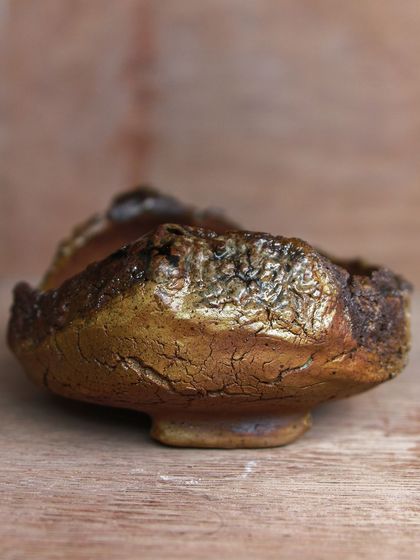 A side view of a double-walled bowl with a cracked texture. The form is complex, but the process was a joyful exploration of new techniques.