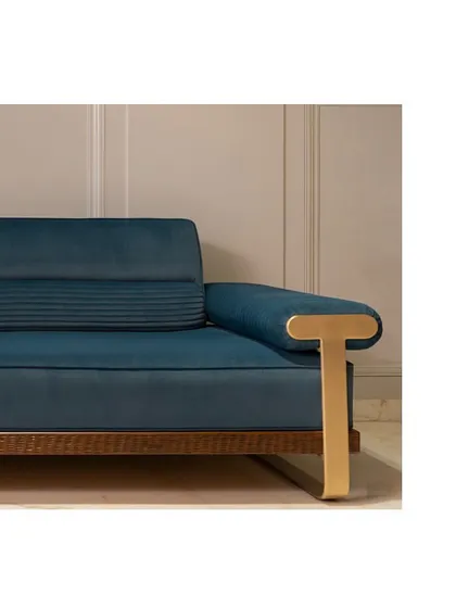 The clean lines and luxurious materials of the custom-designed sofa.