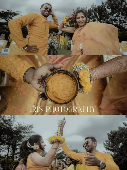 A collage that tells the story of a Haldi ceremony, from the couple dancing to the details of the turmeric paste and floral jewelry.