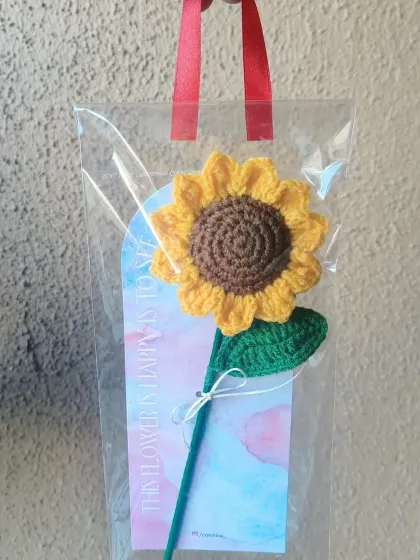 A detailed shot of our single sunflower in its gift bag. The backing card has an uplifting message, adding an extra touch of positivity.