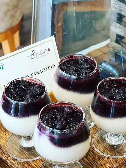 Decadent blueberry panna cotta, with a layer of smooth, creamy pudding topped with a rich blueberry compote.