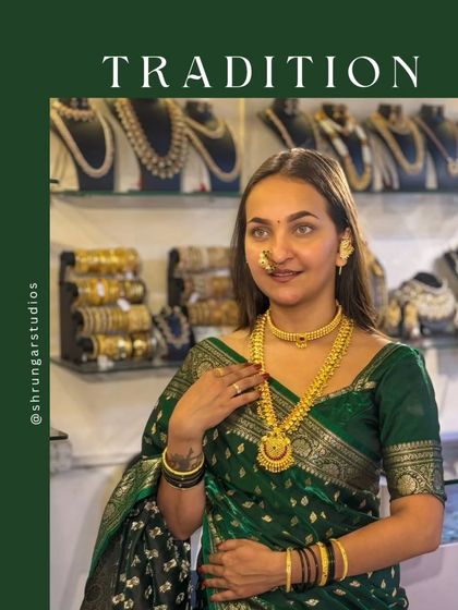 A model showcasing a classic Maharashtrian look with a traditional choker and long haar.