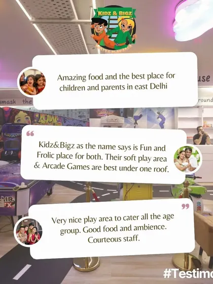 A collage of positive testimonials from Google Reviews, with customers calling it the "best place for children and parents in east Delhi" with a "good food and ambience."