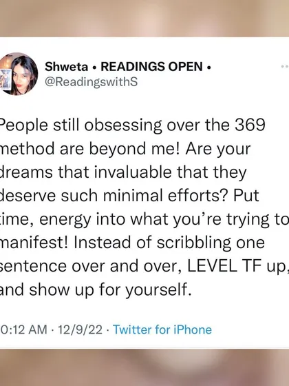 A screenshot of my tweet calling out low-effort manifestation techniques. Your dreams are not so invaluable that they deserve minimal effort. Instead of scribbling one sentence, level up and show up for yourself.