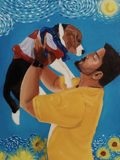 A truly special commission inspired by Van Gogh's 'The Starry Night'. This acrylic painting captures a man lifting his beagle puppy towards a swirling sky and a field of sunflowers.