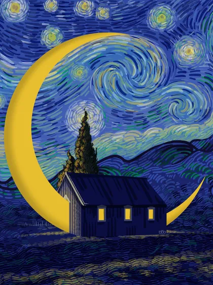 A cozy, dreamlike illustration where a small house is nestled into the curve of a giant crescent moon. The entire scene is set against the backdrop of a starry night, creating a feeling of safety and belonging within the vast, beautiful universe.