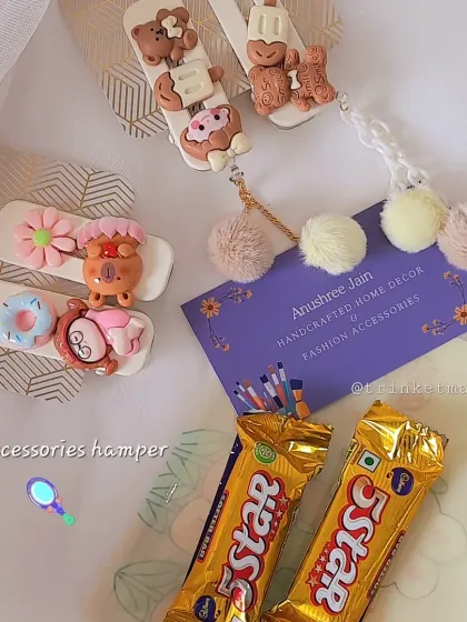 My hair accessories also make great Rakhi gifts or party favors. This hamper includes cute hair clips with fun charms and some chocolates, perfect for your little sister.