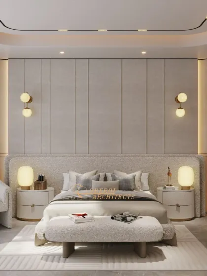 A bedroom should be a personal retreat, and this space embodies that philosophy. I used a palette of soft, neutral tones, plush boucle textures, and curved forms to create a room that is both visually soothing and deeply comfortable.