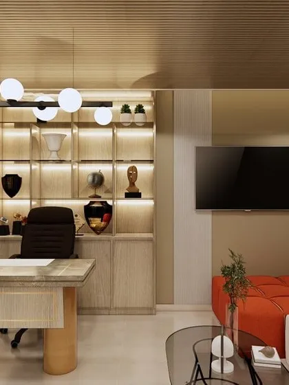 Duplicate of 104. A wider view of the Dubai office concept, showing the glass partition that separates the executive cabin from the main workspace. The design balances privacy with a sense of connection.