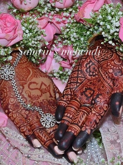 A close-up of the final wedding day stain, adorned with beautiful jewelry. My organic henna ensures a dark, photo-ready color that makes every detail of the design stand out.