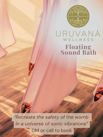 (Hero Item) Experience our Floating Sound Bath, a signature offering designed to recreate the safety and serenity of the womb. Cocooned in a soft aerial hammock, you will be suspended in a universe of sonic vibrations, allowing for deep relaxation and cellular integration.