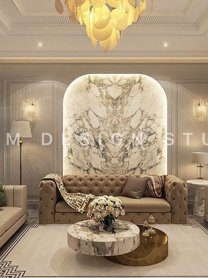 This neoclassical drawing room combines stately elegance with modern comforts. A backlit marble arch serves as a focal point, complemented by classic tufted sofas and a coffered ceiling.