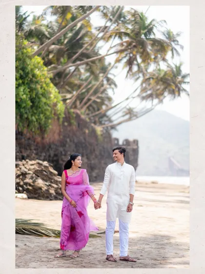 A classic walking shot from a beach pre-wedding session. I capture both posed and candid moments as you walk hand-in-hand, telling a story of your journey together against a beautiful coastal backdrop.