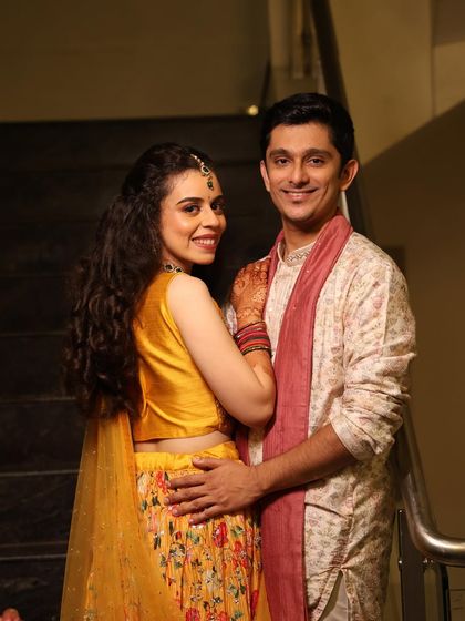 A vibrant sangeet night look for both the bride and groom. I provide makeup services for grooms as well, ensuring the couple looks perfectly coordinated.