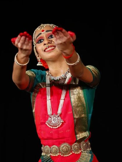 The expressive storytelling, or 'Abhinaya', is central to Kuchipudi. This is my student Sahana during her Arangetram, using hand gestures and facial expressions to narrate a story.