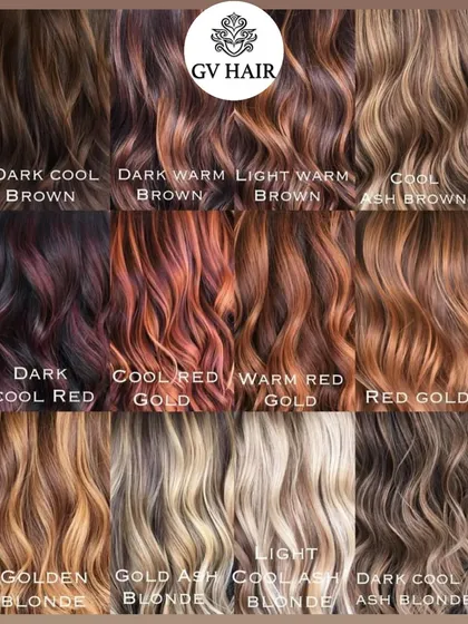 A comprehensive color chart showing a wide range of shades from Dark Cool Brown to Golden Blonde, helping you find your perfect match.