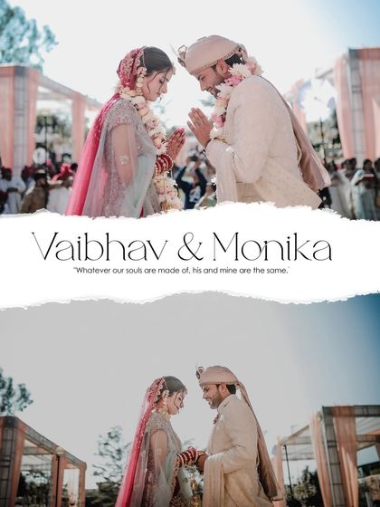 A collage of a couple during their jaimala ceremony, capturing the exchange of garlands under a bright, sunny sky.