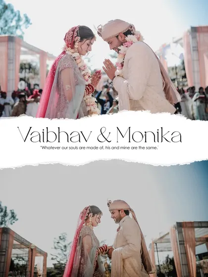 A collage of a couple during their jaimala ceremony, capturing the exchange of garlands under a bright, sunny sky.
