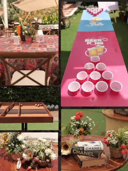 This bohemian-themed Haldi in Jaipur featured autumn-toned florals and interactive games like beer pong and carrom, creating a laid-back and fun atmosphere.