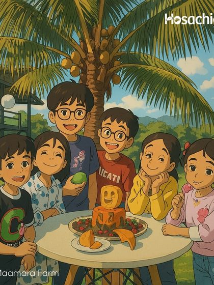 We reimagined some of our favorite farm moments in the style of Studio Ghibli. This one captures a birthday celebration at Maamara Farm, full of innocence and joy.