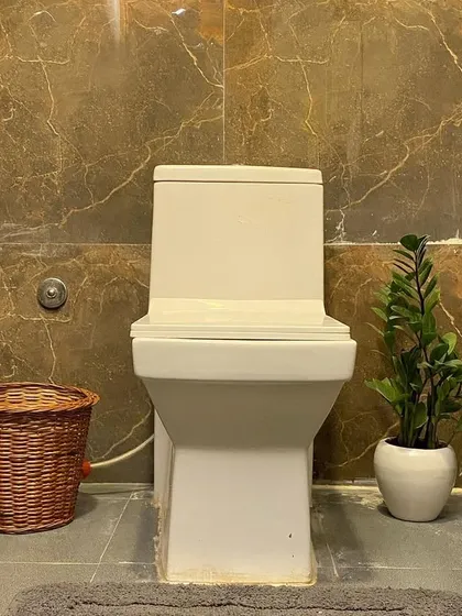 The bathroom is kept spotlessly clean and features modern marble-patterned tiles and a small plant for a fresh feel.
