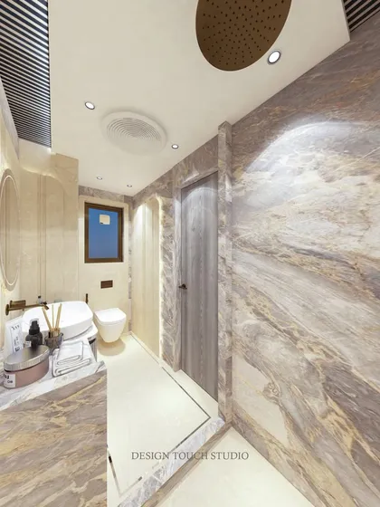 A wide-angle render of the bathroom, giving a clear overview of the entire layout and design.