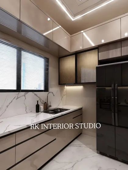 Another angle of the 3D kitchen concept, showing the parallel counter layout. This design includes a tall unit for the refrigerator and fluted glass overhead cabinets for a touch of elegance.