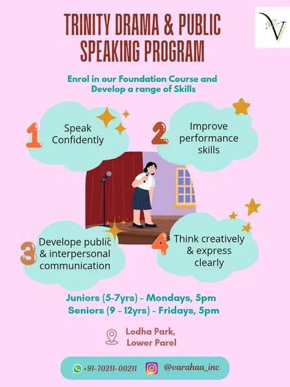 This is our Trinity Drama & Public Speaking Program, a foundation course for children aged 5 to 12. It's designed to take them from shy whispers to confident stage presence by developing clear expression, creative thinking, and strong interpersonal communication skills.