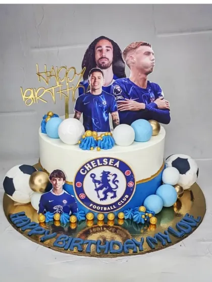 A Chelsea Football Club cake for a true fan. This eggless chocolate truffle cake is decorated with the team's logo and pictures of the players.