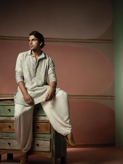 Another angle of the men's pathan suit from 29 India, showcasing a relaxed and elegant pose.