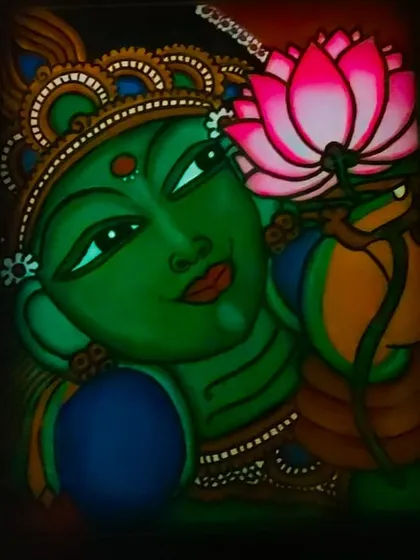 A serene painting of Goddess Lakshmi, who brings wealth and fortune. I chose a unique green tone for her skin and placed a pink lotus in her hand to symbolize purity and kindness.