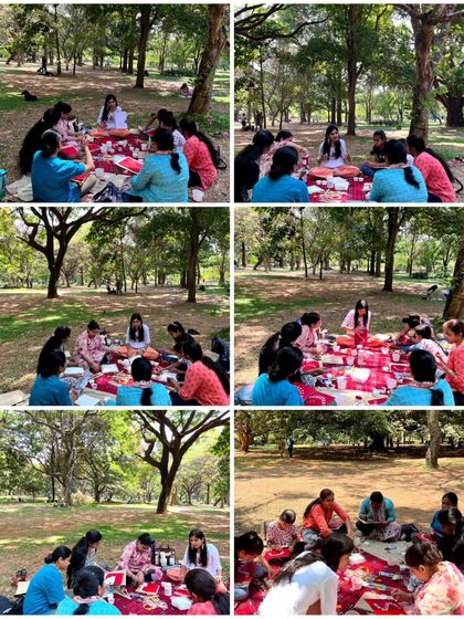 A collage showing the full setup of our Warli painting art picnic. Participants are gathered on blankets, learning the history and techniques of this folk art in a relaxed, outdoor environment.