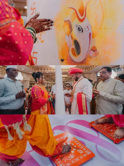 A collage of ritualistic moments, including the 'Antarpat' and the bride's first steps as a married woman.
