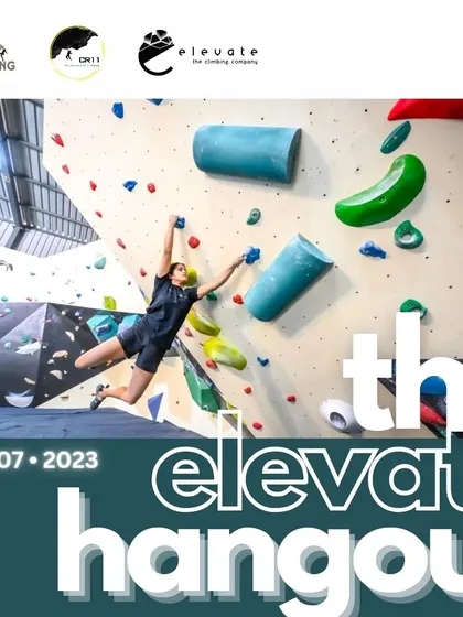 Want to try competition-style routes without the pressure? The Elevate Hangout is for you. This poster captures the dynamic and fun spirit of the event, designed for climbers looking to learn, challenge themselves, and just hang out with the community.