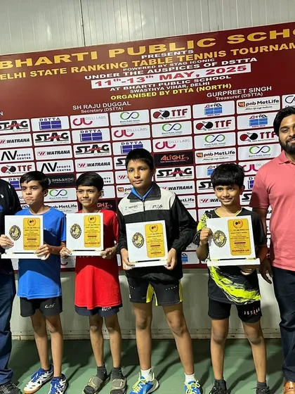 The U-15 boys' podium at the Delhi State Ranking Tournament, with our player Arunim Agarwal securing a silver medal.