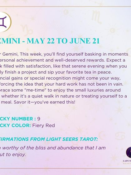 A weekly tarot prediction for Gemini about basking in moments of personal achievement and well-deserved rewards. It’s a time to savor your success and enjoy the small luxuries.