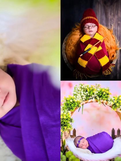 A collage of a newborn in a purple wrap and a Harry Potter theme.