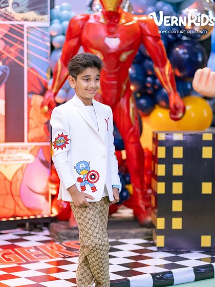 A full view of the personalized Avengers jacket, showing how we can create a completely unique piece that matches his party's theme and his personality.