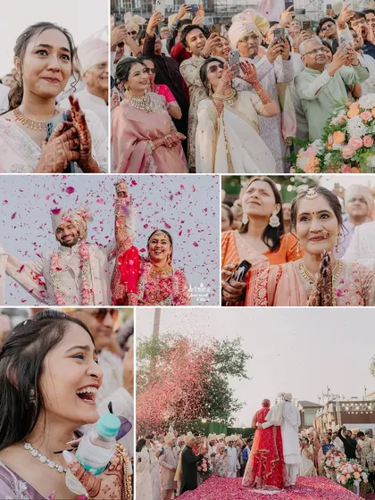 A collage of raw emotions from guests and family, capturing their tears, laughter, and joy as they witness the couple's wedding.