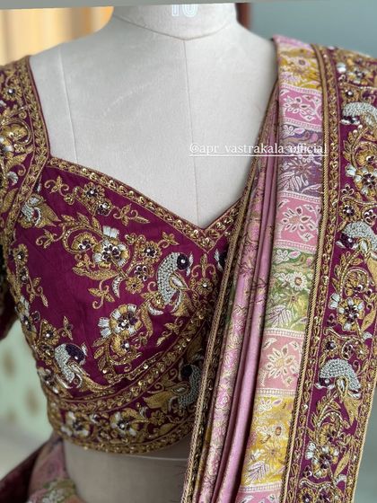 A close-up of the sweetheart neckline on the magenta bridal blouse.