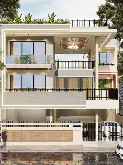 A render of a south-facing residential building in Greater Noida. The design includes a duplex, a terrace garden with a swimming pool, and large glass windows to maximize natural light.
