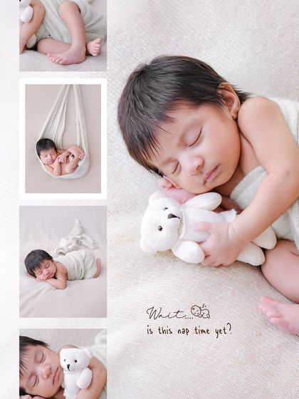 A collage that captures the many moods of nap time. From cuddling a teddy bear to swinging in a soft hammock, this collection shows a variety of our simple, neutral-toned setups.