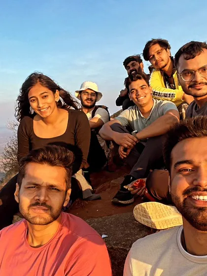 A group selfie from our Skandagiri sunrise trek. The pre dawn hike is rewarded with stunning views.