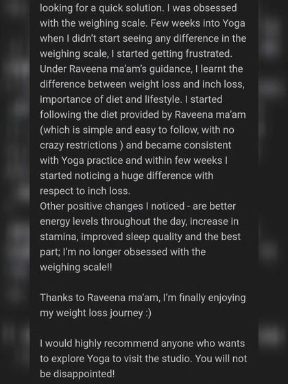 A student review explaining her journey from being obsessed with the weighing scale to understanding the difference between weight loss and inch loss. She now enjoys her journey with better energy and sleep.