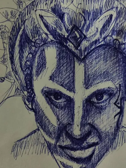 A more stylized and intense portrait sketch, exploring a character with a darker, more villainous look.