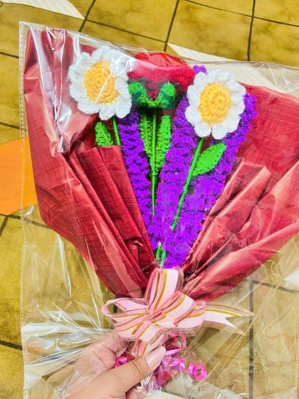 My crochet bouquets come carefully packaged to ensure they arrive safely. Here is a daisy and lavender bouquet ready to be sent to its new home.